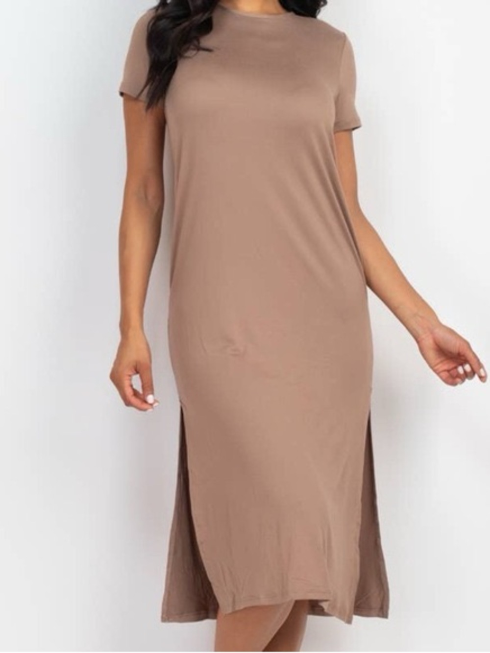 Kittenish Taupe Short-Sleeve Midi T-Shirt Dress